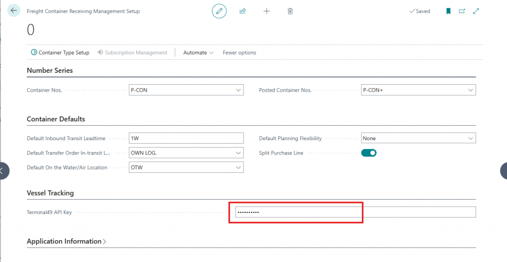 Freight Container Management Setup page with the Terminal49 API Key field circled