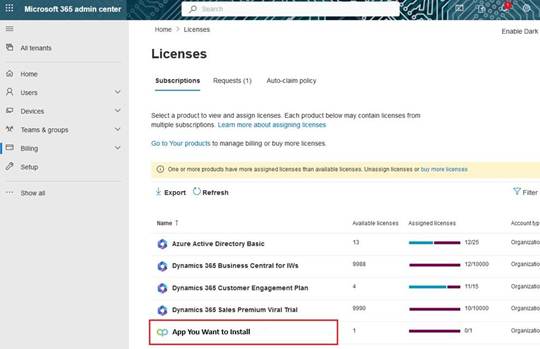 Licenses page inside of Microsoft 365 Admin Center