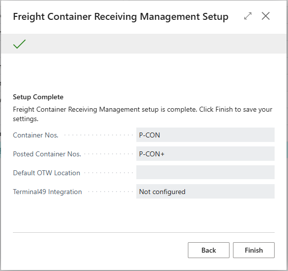 Finish / Summary step showing the completion banner and all summary fields before clicking Finish